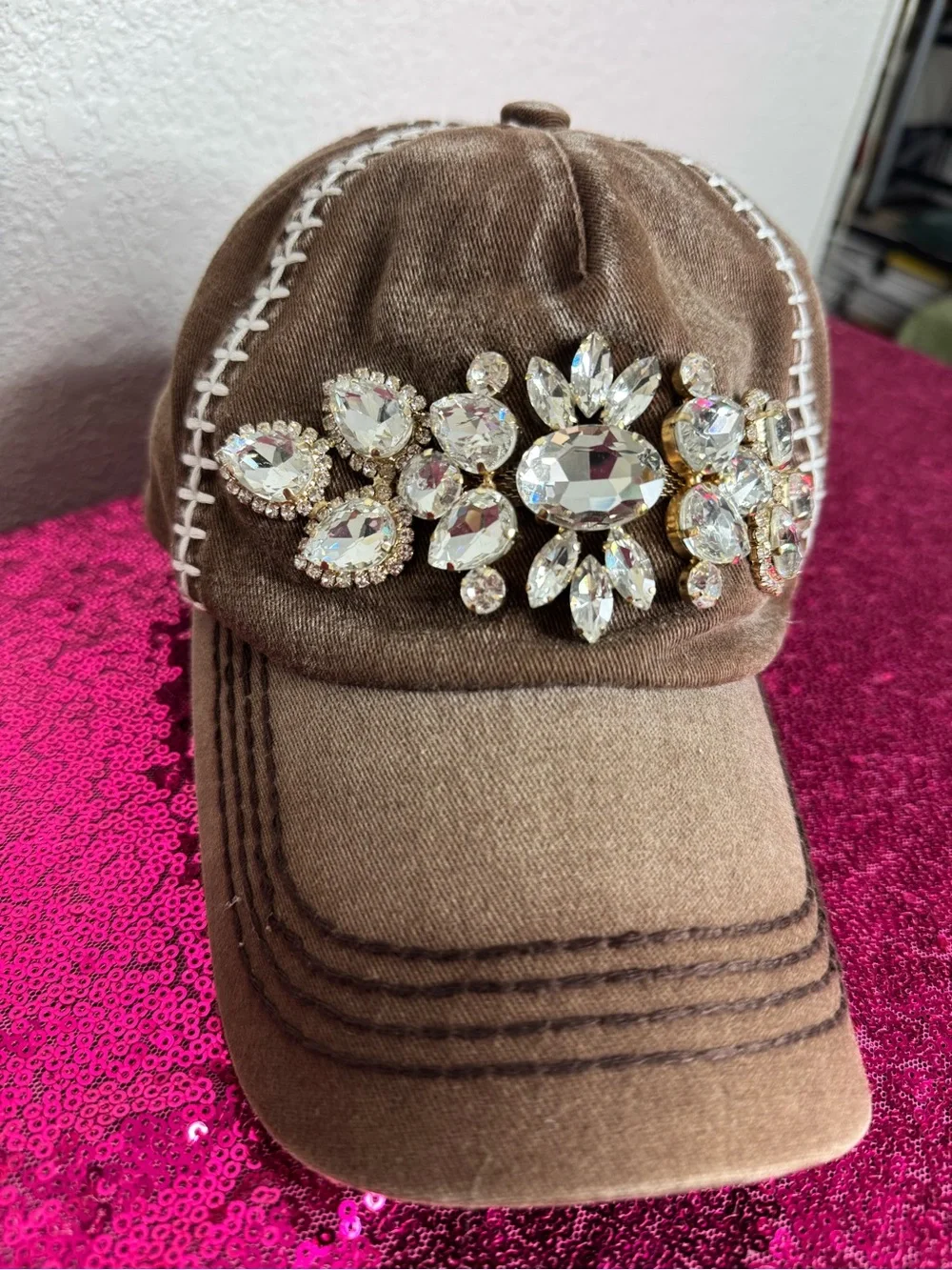 3/for $15 🍒 CRYSTAL Embellished Rustic Country Brown Baseball Cap (Adjustable
